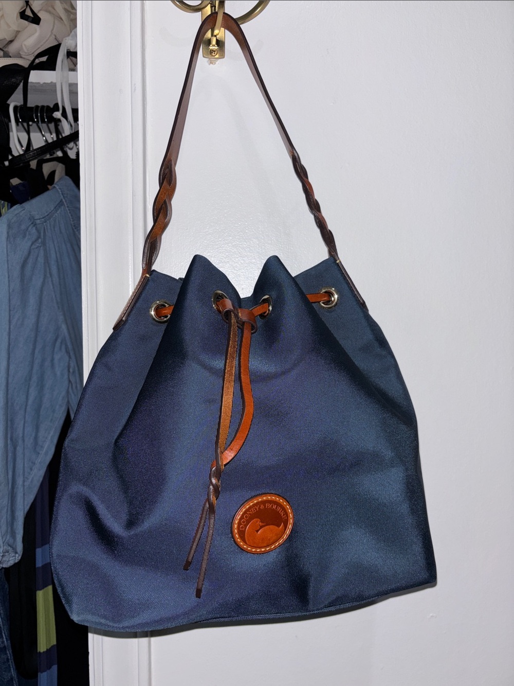 Dooney & Bourke Navy Nylon Drawstring Tote with Brown Leather Trim